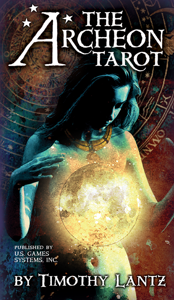 Archeon Tarot Deck cover art with mystical woman holding glowing orb and celestial background by Timothy Lantz