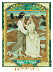 Two of Cups shows Lovers caressing their faces