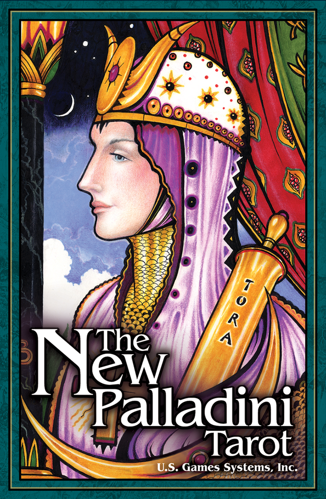 The New Palladini Deck featuring a medieval and Renaissance inspired tarot card with vibrant stained glass style artwork.